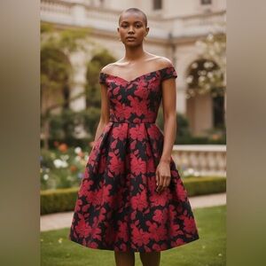 Holiday Elegant Black and Red Floral Dress